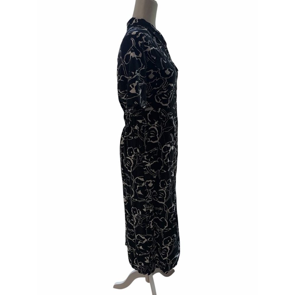 MELLODAY Black & White Floral Abstract Print Midi Shirt Rayon-Linen Blend Dress - Picture 4 of 11